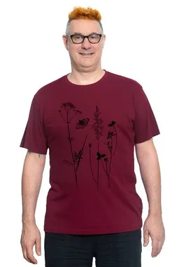 Hirschkind Hirschkind Bio- & Fair-Trade-Männershirt "Schmetterlingswiese" weinrot – Produktbild 1 von 1