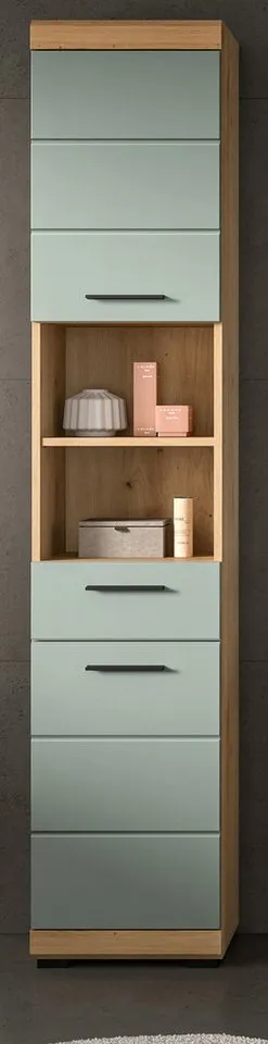 Inn.Furn Hochschrank Shawn (Badschrank in Salbei und Artisan Eiche, 2-türig, 37 x 191 cm) 6 Fächer, mit Vollauszug, Beige, – Produktbild 3 von 5