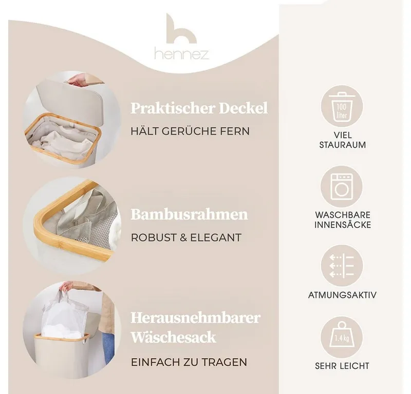 HENNEZ Wäschekorb mit Griff aus Bambus, 100 l – Wäschekorb mit Deckel, Beige|weiß, – Produktbild 1 von 5