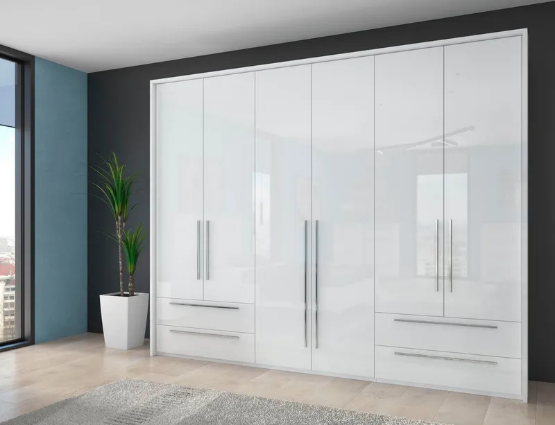 OTTO home Drehtürenschrank Piano, inklusive Rahmen und Beleuchtung, soft-close-Funktion (277 oder 322cm breit, 226cm hoch, mit 4 Schubladen) UV lackiert, hochglänzend weiß oder beige, FSC-zertifiziert, Weiß, – Produktbild 1 von 8