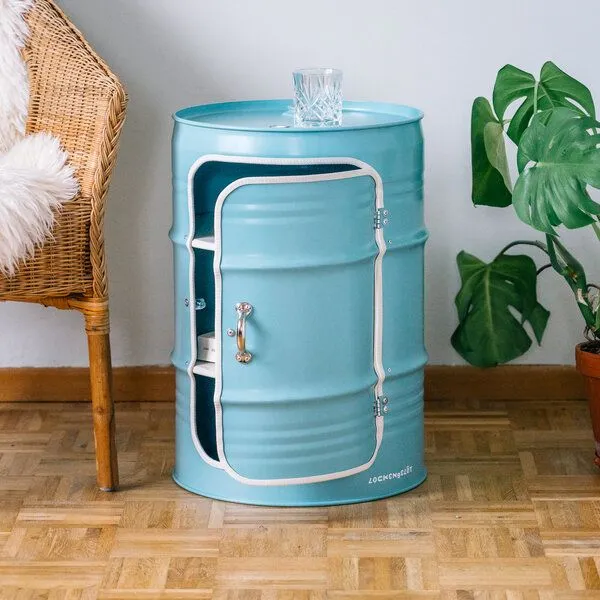 Lockengelöt Lockengelöt Nachttisch/Couchtisch mit Tür aus einem kleinen Ölfass, Türkis, – Produktbild 1 von 4