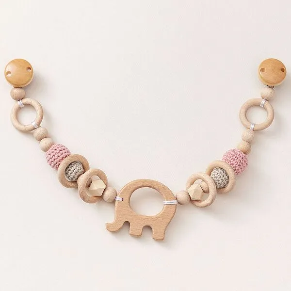 NoniKids Berlin NoniKids Berlin Kinderwagenkette Holz *Elefant* 4 Farben | Bio Baumwolle, Rosa | grau, – Produktbild 1 von 4