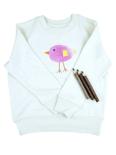 MelaDi Meladi Kinder Sweater aus Biobaumwolle - Lila Vogel auf Natural Raw, Natural white, – Produktbild 1 von 7