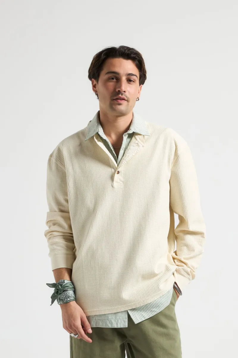 Trendsplant Trendsplant Herren vegan Langärmeliges Deck Waffle Henley Antique White, Weiß, – Produktbild 2 von 2