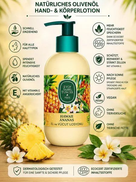 Eyüp Sabri Tuncer Eyüp Sabri Tuncer Vegan Hand & Körper Lotion mit Vitamin E für alle Hauttypen, Hawaii Ananas – Produktbild 2 von 4