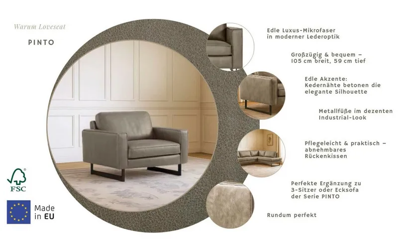 OTTO home Loveseat Pinto 105 cm, Cord, Chenille, Lederoptik, mit Keder, Metallfüßen und auch in Cord Bezug erhältlich, Grau, – Produktbild 3 von 8