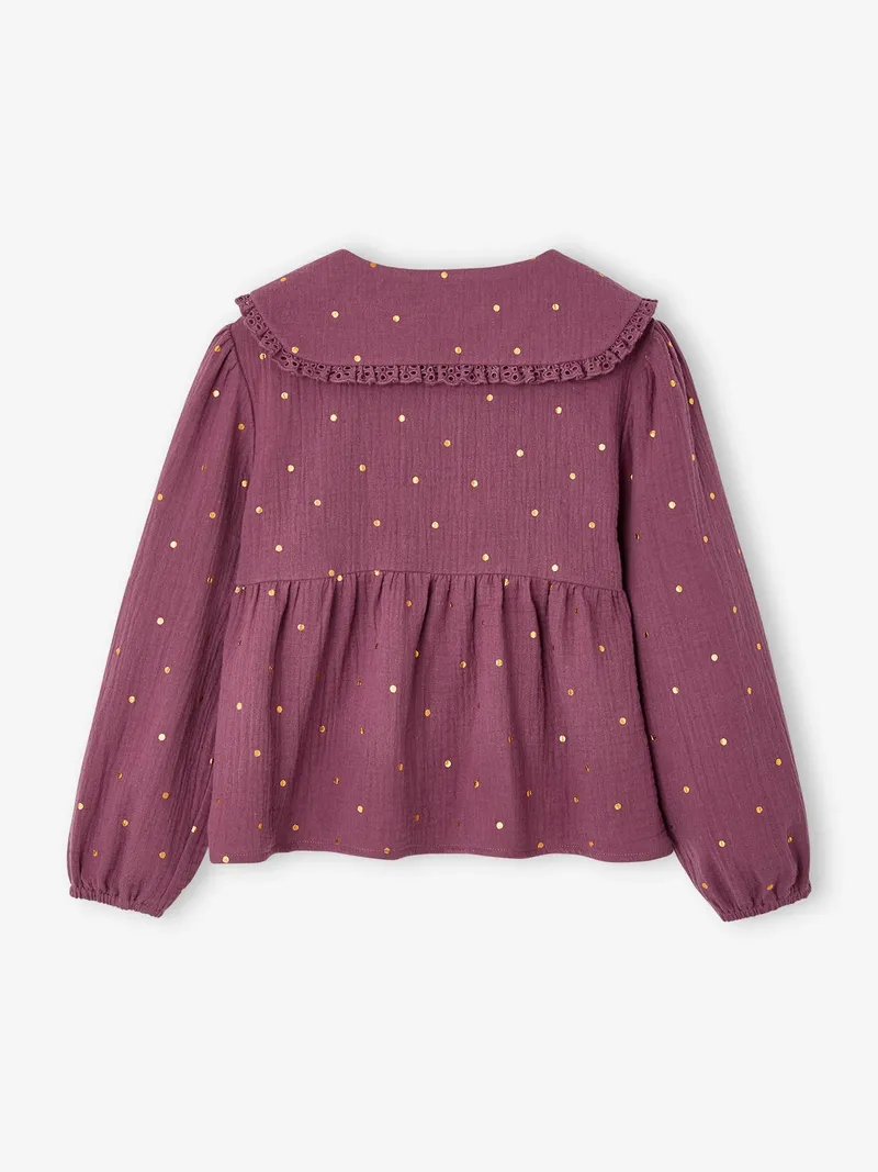 Vertbaudet Langärmelige Mädchen Bluse aus Musselin, Pflaume, – Produktbild 4 von 4