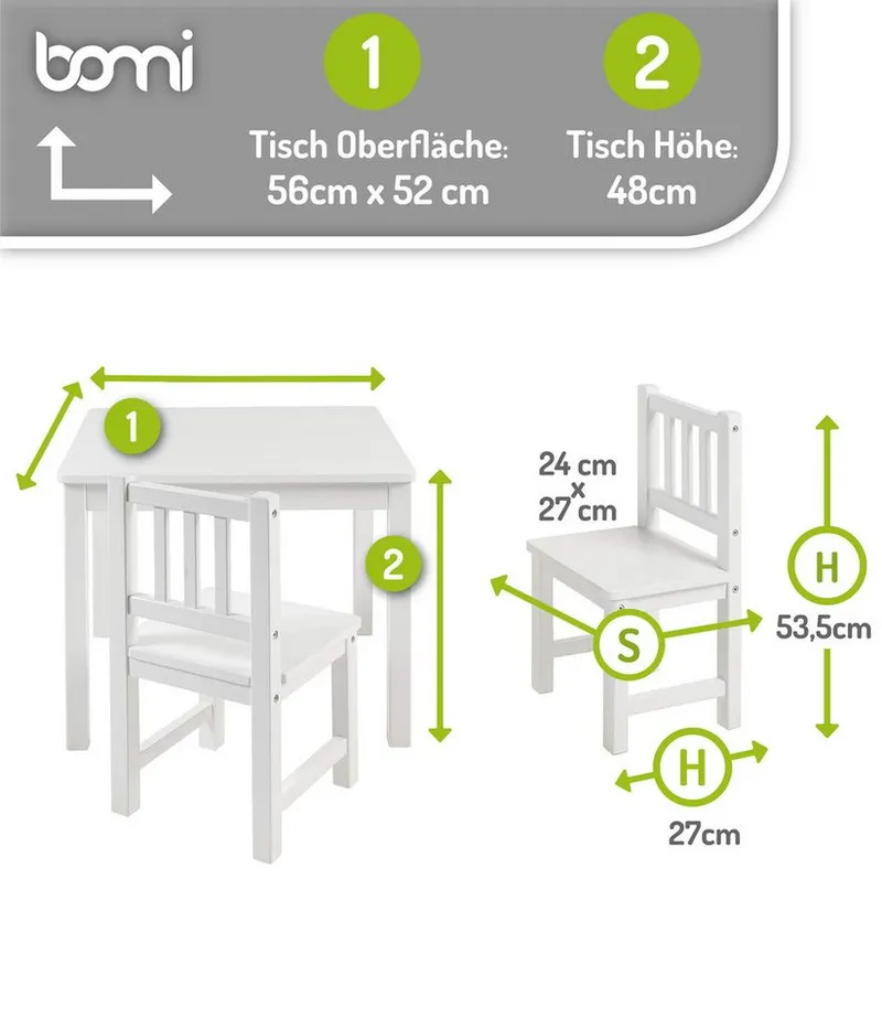 bomi bomi Kindersitzgruppe Holzsitzgruppe Amy, (Set, 3-tlg., oder 5 tlg. erhältlich), Kindertischgruppe, Tisch & Stühle Kinderzimmer, als Spiel- & Maltisch, Weiß, – Produktbild 2 von 5