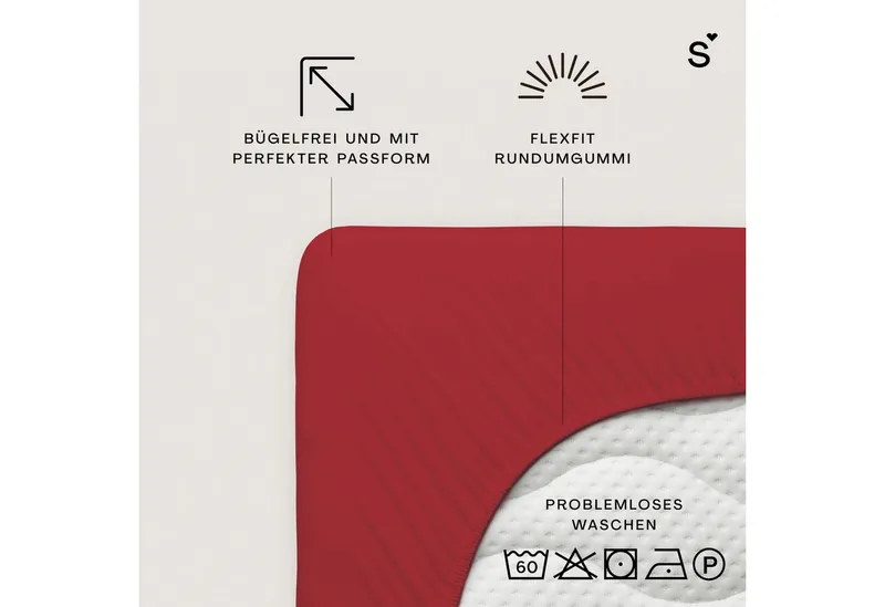Schlafgut Schlafgut Spannbettlaken Basic Cotton Bettlaken, 160 g/m², 100% Baumwolle, Spannbetttuch, Jersey, Gummizug: rundum, (1 Stück), Spannbettlaken bis 20 cm Matratzenhöhe, bügelfrei und pflegeleicht, Rot, – Produktbild 3 von 5
