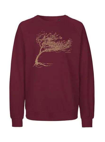 Peaces.bio - handbedruckte Biomode Peaces.bio - handbedruckte Biomode Bio Damen-Sweatshirt Loose Fit Windy Tree, Bordeaux, – Produktbild 1 von 2