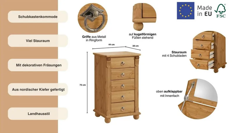 OTTO home Schubkastenkommode Tessin, Schminkkommode mit Spiegel, aus massiver Kiefer, FSC®-zertifiziert, Beige, – Produktbild 1 von 5