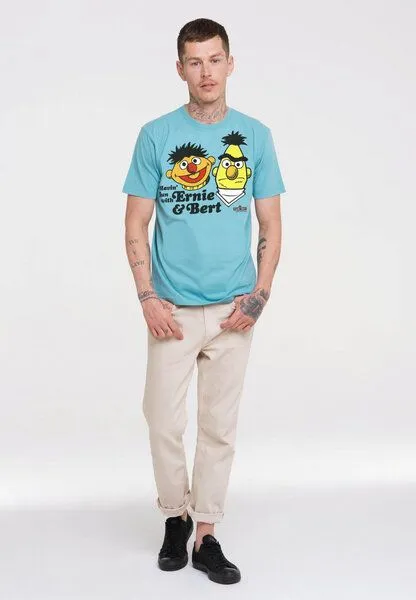 LOGOSH!RT LOGOSH!RT Sesamstrasse Ernie & Bert Havin Fun 100% Organic Cotton T-Shirt, Blau-grün, – Produktbild 3 von 4