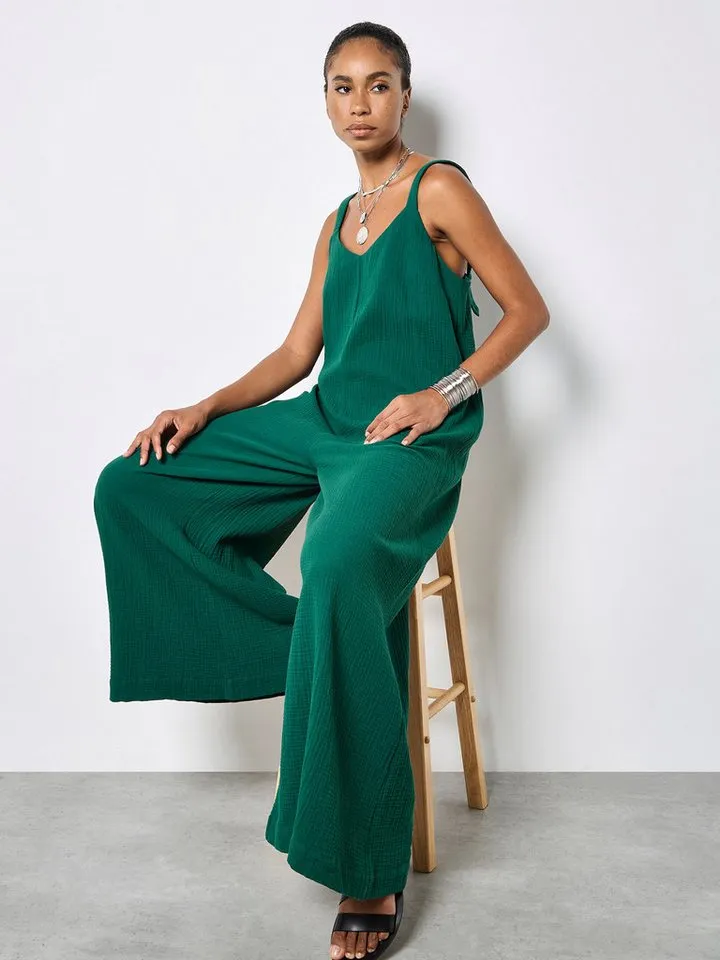 Apricot Apricot Jumpsuit Jumpsuit aus strukturierter Baumwolle mit weitem Bein, Grün, – Produktbild 2 von 4