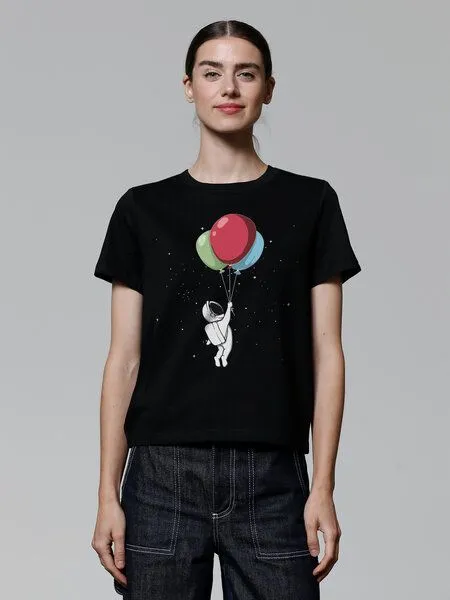 watapparel watapparel T-Shirt Frauen Little Balloon Astronaut, Black, – Produktbild 2 von 3