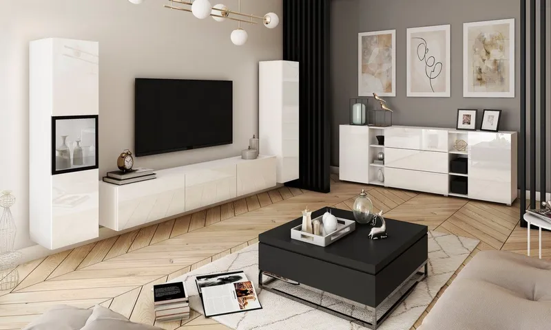 Home affaire Wohnwand BERLIN III, Vitrine Türschlag links/rechts wechselbar, (Komplett-Set, 3-St), moderne grifflose Mediawand Breite 260 cm, Vitrine mit Verglasung, Weiß, – Produktbild 5 von 5