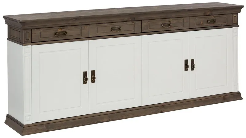 OTTO home Sideboard Vinales, Kommode, 4 Schubkästen, 4 Türen, 4 Fächer (B/T/H:202/39/83 cm), Massivholz, Messinggriffe im Jugendstil, Zierleisten, eleganter Sockel, Weiß, – Produktbild 2 von 5