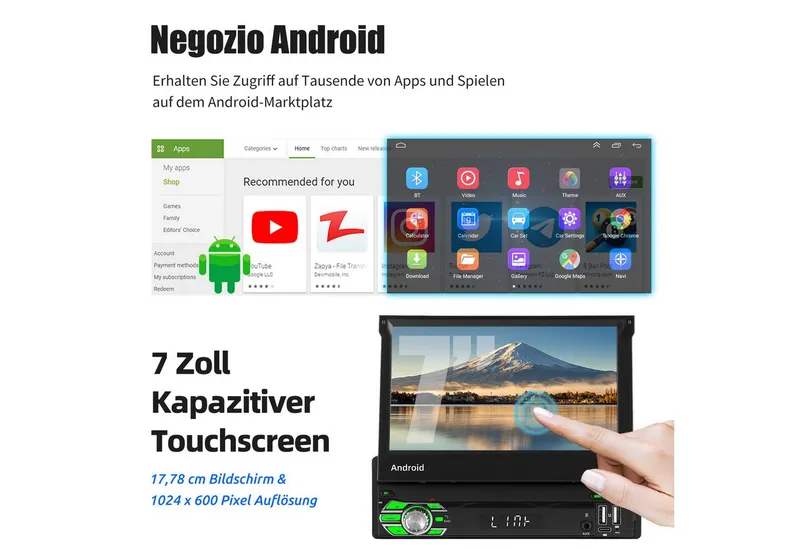 ESSGOO DAB+ 4+64G 1 DIN 7'' Flip Out Android 15/16 Carplay Autoradio GPS WIFI Autoradio (RDS, 4+64GB(optional), Digitalradio (DAB), FM, GPS, WIFI, Apple Carplay Android Auto GPS Navi WIFI BT EQ), Schwarz, – Produktbild 3 von 4