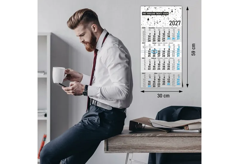 TOBJA Wandkalender 4 Monatskalender 2027 Design Splatter blauer Schieber 30x59 FSC, Design Splatter, blauer Datumsschieber, 4-sprachig, FSC, 30x59 cm – Produktbild 3 von 5