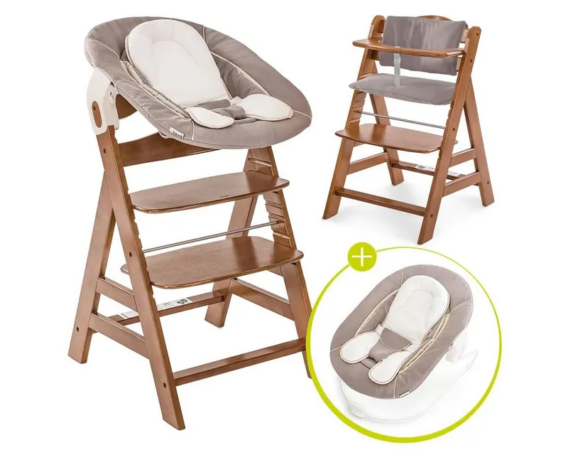 Hauck Hauck Hochstuhl Alpha Plus Newborn Set - Walnut, Holz Babyhochstuhl ab Geburt inkl. Neugeborenenaufsatz & Sitzauflage, Braun, – Produktbild 1 von 5