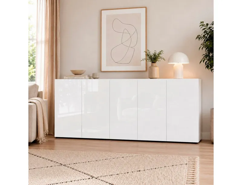 Home affaire Sideboard MISTER – Schrank, Kommode, 225 cm breit, 80 cm hoch, Made in Italy, komplett Hochglanz lackiert, 5 Türen, 6 Fächer, Weiß, – Produktbild 2 von 5