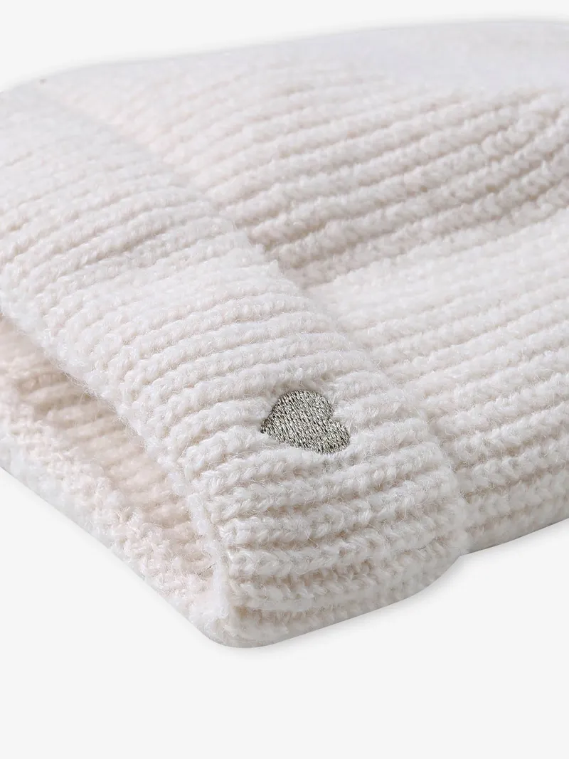 Vertbaudet Strickmütze Mädchen Rippstrick mit Herzstickerei, Wollweiß, – Produktbild 3 von 3