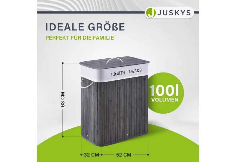 Juskys Wäschekorb Curly 100 L in Grau aus Bambus mit Deckel, 2 Fächern & Wäschesack, Wäschesammler für Familien, faltbar mit Tragegriffen, 52 x 32 x 63 cm, Grau, – Produktbild 2 von 5