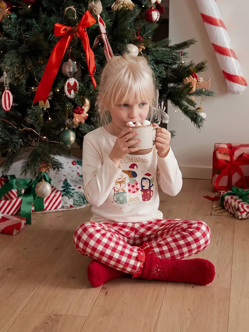 Vertbaudet Vertbaudet Kinder Weihnachts-Schlafanzug mit Socken, Wollweiß, – Produktbild 2 von 4