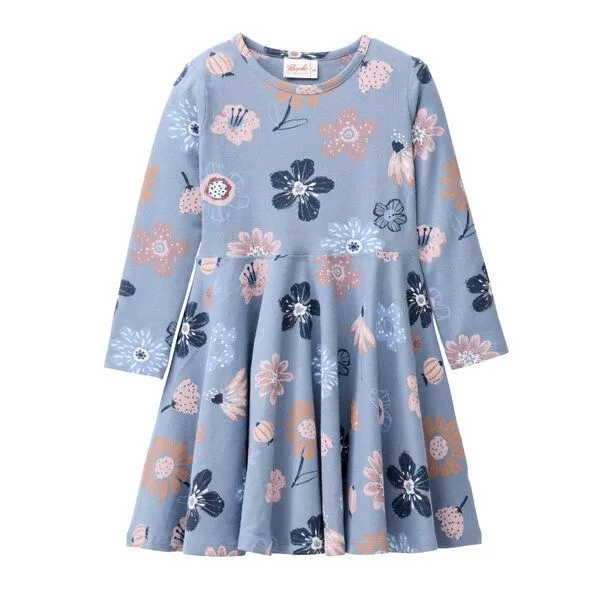People Wear Organic People Wear Organic Langarm Kleid, blau bedruckt, "große Herbstblumen", Bio-Baumwolle – Produktbild 1 von 2