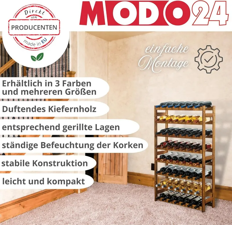 Modo24 Weinregal Flaschenregal Holzregal Flaschenständer Varianten 12 bis 91 Flaschen, RW1 Getränkeregal, 3 Farben, FSC Holz Nachhaltig, Beige|grau, – Produktbild 4 von 5