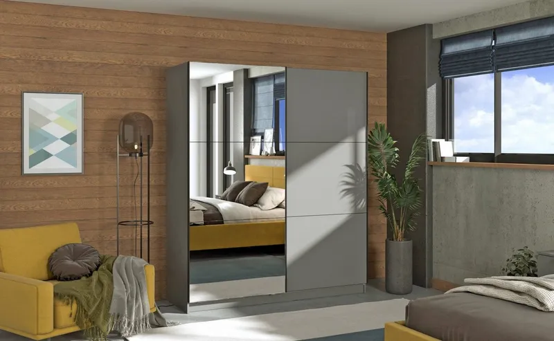 OTTO home Schwebetürenschrank Sierra Kleiderschrank mit Spiegel Garderobe Topseller inklusive Inneneinteilung & Kleiderstange, FSC®-Zertifiziert, Grau, – Produktbild 2 von 8