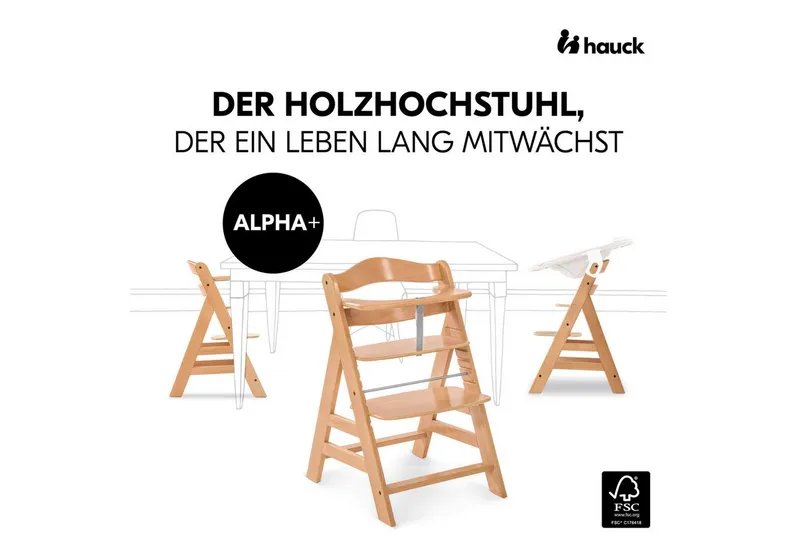 Hauck Hauck Hochstuhl Alpha Plus, Mitwachsender Holz Kinderhochstuhl mit Gurt, Schutzbügel & Sitzauflage, Beige, – Produktbild 2 von 5