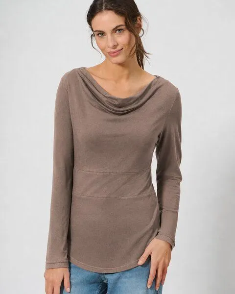 HempAge HempAge Damen Langarmshirt mit Wasserfallkragen Hanf/Biobaumwolle, Gravel, – Produktbild 1 von 3