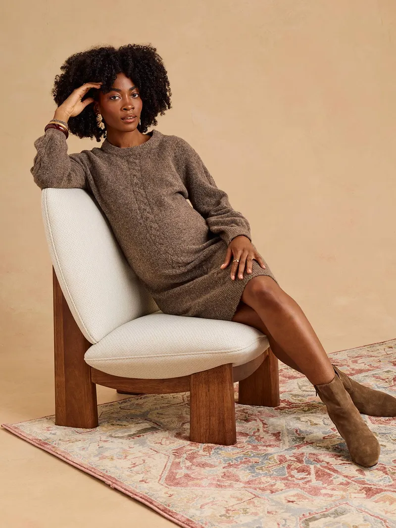 Envie De Fraise Umstands-Strickkleid mit Zopfmuster aus Wollmix ENVIE DE FRAISE, Taupe, – Produktbild 1 von 4