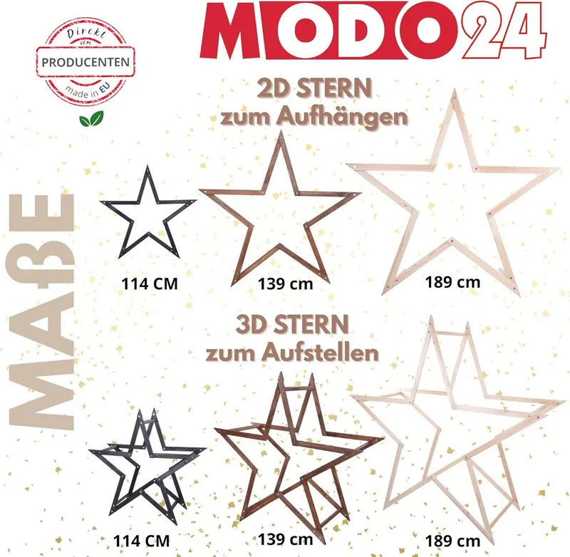Modo24 Dekostern DIY MODOSTAR Weihnachtsstern Set aus FSC Holz 2D und 3D in 3 Breiten, zum Garten & Terrasse, wetterfest, faltbar & stabil, Weihnachtsdeko, Schwarz, – Produktbild 3 von 6