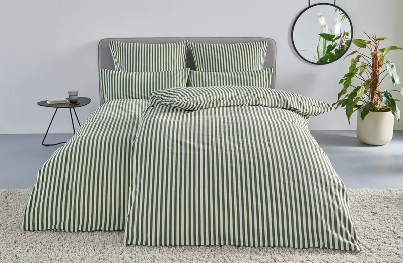 LeGer Home by Lena Gercke Bettwäsche Linnea, Flanell, 2 teilig, aus 100% Baumwolle, Streifendesign, Grün, – Produktbild 2 von 8
