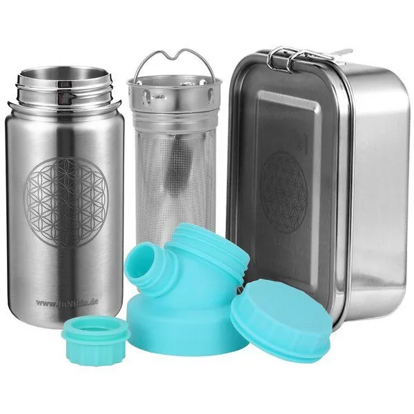 JN JuNiki's JN JuNiki's Einschulungs-Set "Blume des Lebens": Lunchbox + Edelstahltrinkflasche + Teefilter, Türkis, – Produktbild 1 von 4