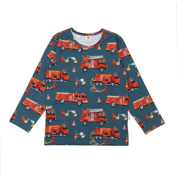 Walkiddy Kinder Langarmshirt Bio-Baumwolle Fire Fighters, GOTS-zertifiziert – Walkiddy, weicher Jersey mit Feuerwehr-Allover, Blau, – Produktbild 1 von 2