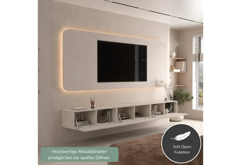 Planetmöbel TV-Schrank West TV-Board, Fernsehtisch 300 cm lang, TV-Lowboard (für Fernseher bis 85 Zoll, TV Schrank viel Stauraum, sideboard hängend, Fernsehschrank 3x 100 x 30 x 37,5 cm) kaschmir, Beige, – Produktbild 5 von 5