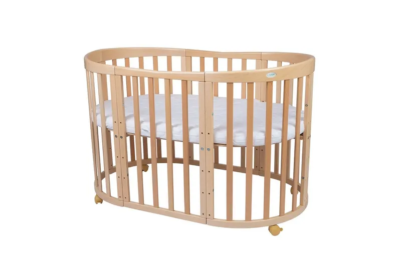 Waldin Waldin Babybett Oval 7in1 mitwachsend, Beistellbett, Matratze, Rollen, Beige, – Produktbild 8 von 8
