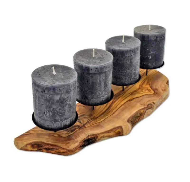 Olivenholz erleben Olivenholz erleben Kerzenständer ADVENT rustikal für 4 Kerzen, Olivenholz mit Metallteller als Halter (1 St), Sicherer Halt für Kerzen – rustikal und edel, Braun, – Produktbild 2 von 5