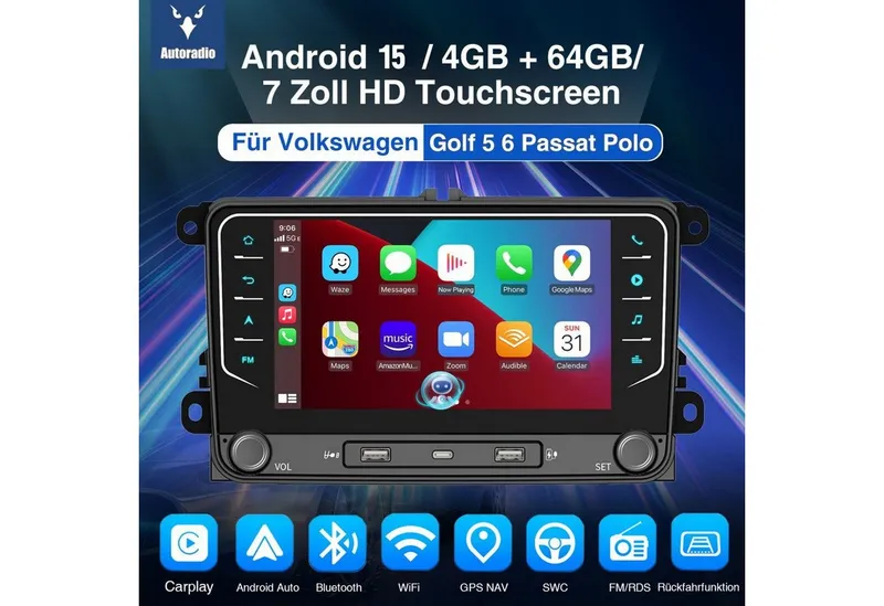 ESSGOO DAB+ Android 15 Für VW GOLF 5 6 Touran EOS Tiguan Polo 6R Passat Caddy Navigationsgerät (Carplay Android Auto DAB (optional), RDS, FM, 4+64GB, SWC, GPS NAVI), Schwarz, – Produktbild 2 von 8