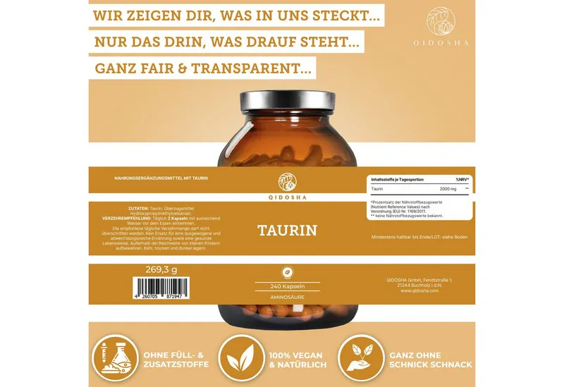QIDOSHA L-Taurin Kapseln 1000 mg Hartkapsel, 269.3 g, Taurin Supplement – Produktbild 4 von 5
