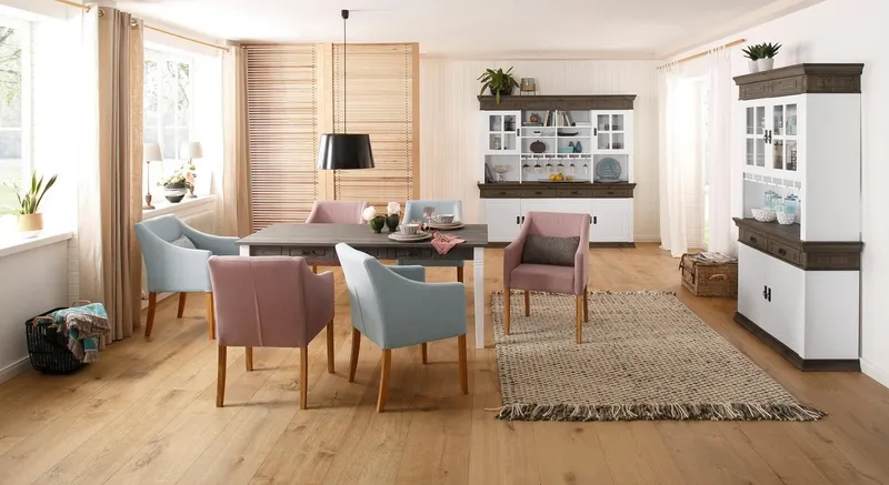 OTTO home Sideboard Vinales, Kommode, 4 Schubkästen, 4 Türen, 4 Fächer (B/T/H:202/39/83 cm), Massivholz, Messinggriffe im Jugendstil, Zierleisten, eleganter Sockel, Weiß, – Produktbild 3 von 5