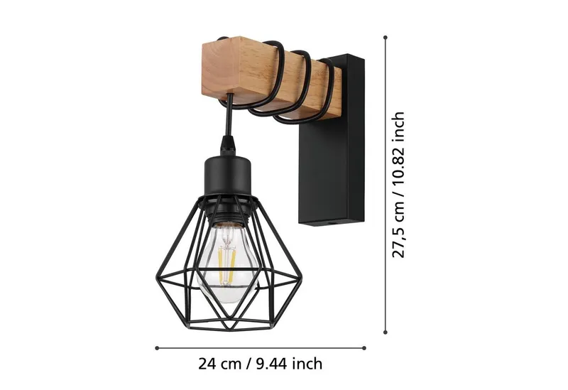 EGLO EGLO Wandleuchte TOWNSHEND 5 Wandlampe, Stahl und Holz, E27, IP20, Wohnzimmerlampe, ohne Leuchtmittel, Wand-/Deckenleuchte, Wohnzimmer, L14 x H27,5 cm, Braun|schwarz, – Produktbild 7 von 8