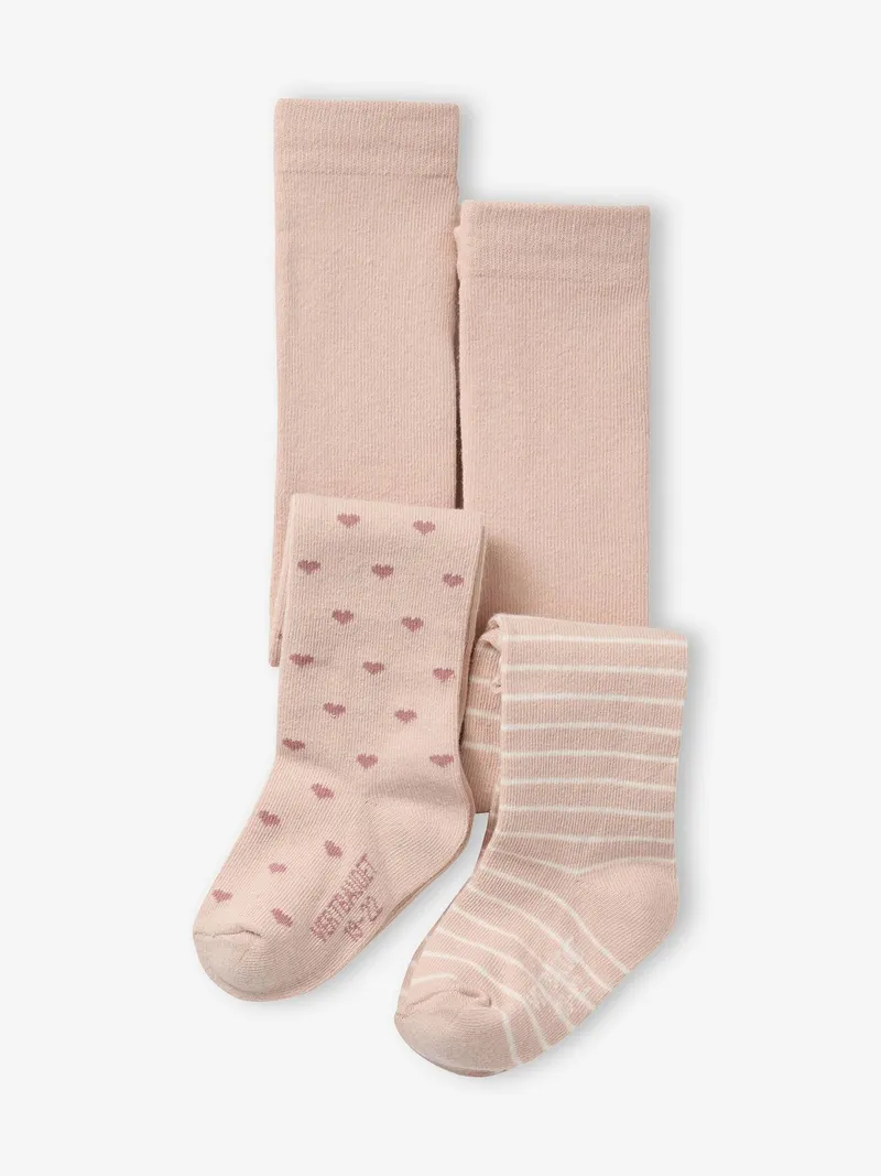 Vertbaudet 2er-Pack Baby Mädchen Strumpfhosen mit Herz- und Streifenmuster hell, Hellrosa, – Produktbild 1 von 2