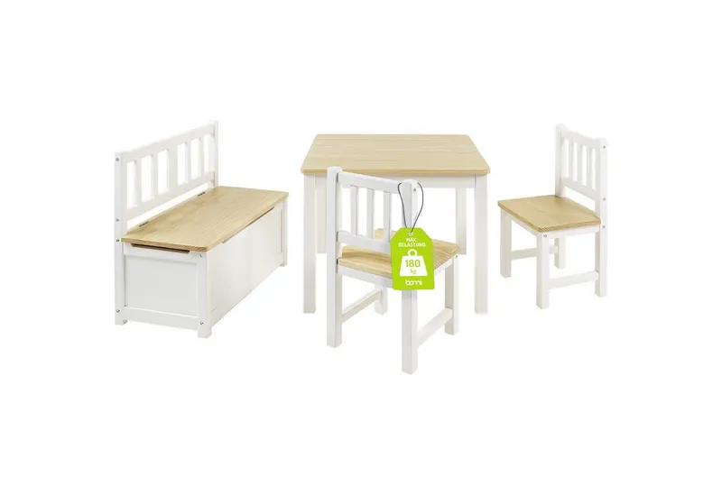 bomi bomi Kindersitzgruppe Holzsitzgruppe Anna, (Set, 4-tlg., 1x Tisch, 1x Truhenbank & 2x Stühle), Kindertischgruppe aus Holz, als Spiel- & Maltisch, Beige, – Produktbild 2 von 8