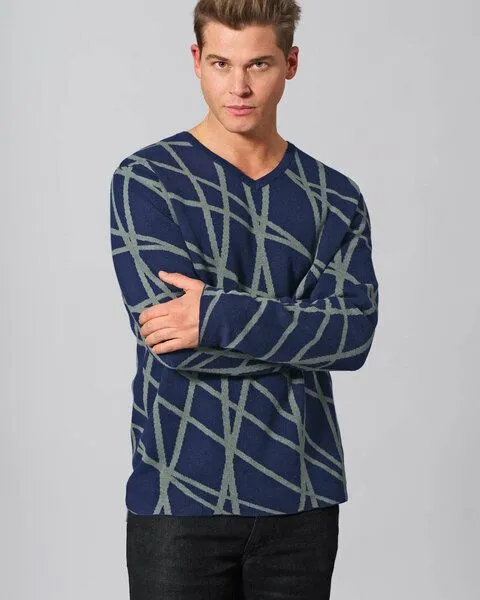 HempAge HempAge V-Kragen Pullover mit Muster Hanf/Biobaumwolle, Night-thyme (blau), – Produktbild 2 von 3