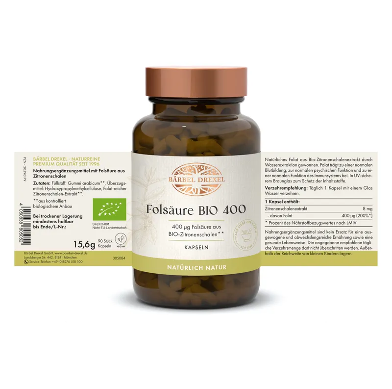 Bärbel Drexel Folsäure Bio - 400µg Folsäure aus zertifizierten Bio-Zitronenschalen pro Kapsel & Vollständig vegan – Produktbild 2 von 2