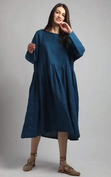 KNOTIUM KNOTIUM EIRA Voluminöses Smock-Leinenkleid, Deep turquoise, – Produktbild 1 von 4