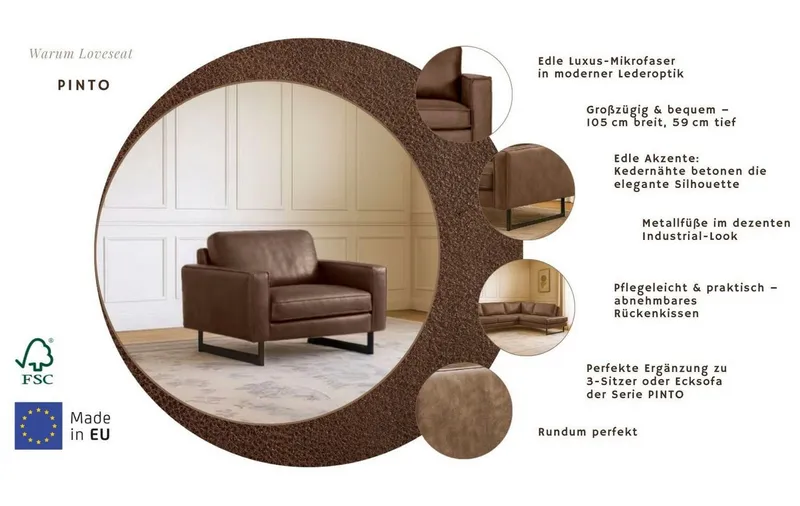 OTTO home Loveseat Pinto 105 cm, Cord, Chenille, Lederoptik, mit Keder, Metallfüßen und auch in Cord Bezug erhältlich, Braun, – Produktbild 3 von 7